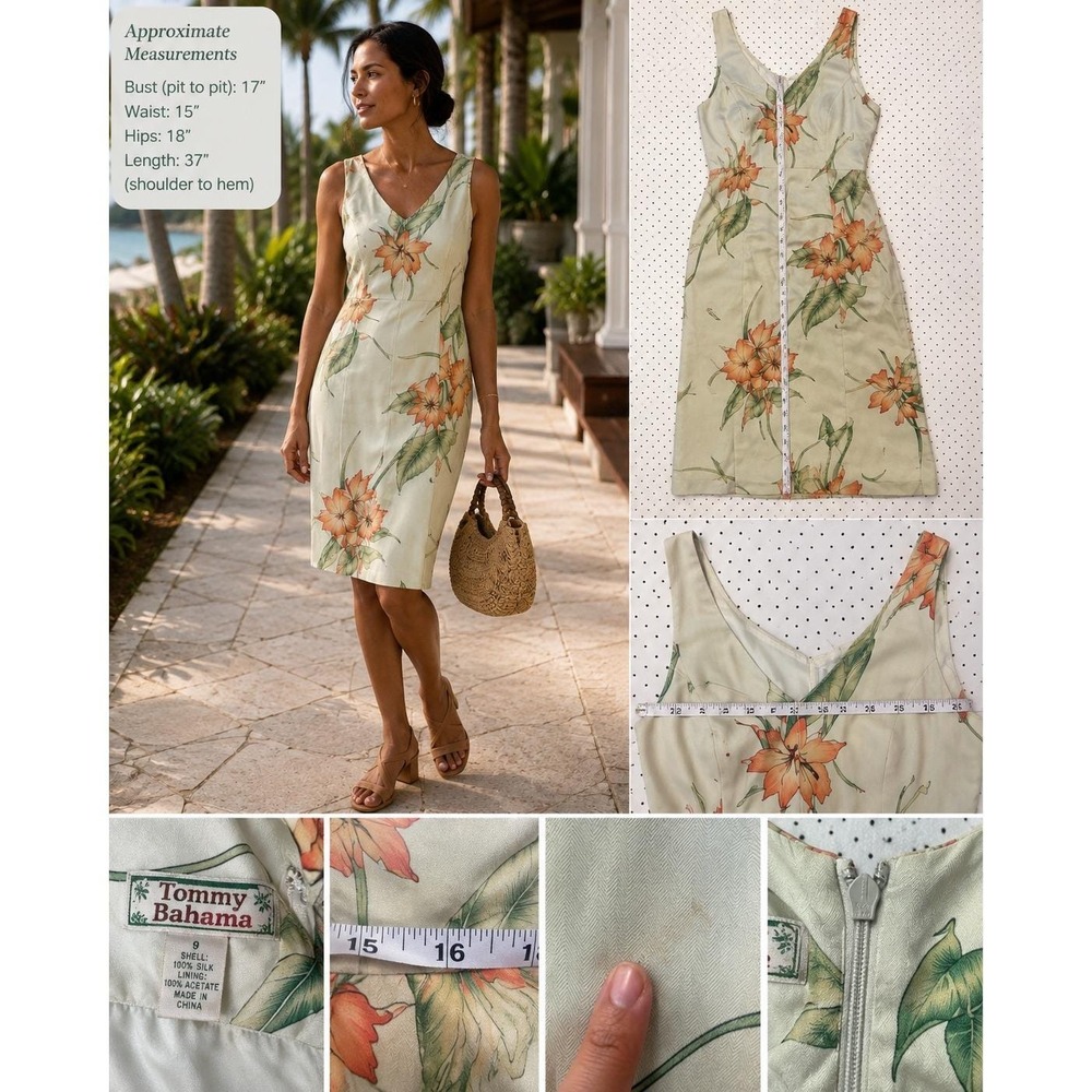 Tommy Bahama Vintage Silk Floral Sheath Dress Sage Green Orange Size 4